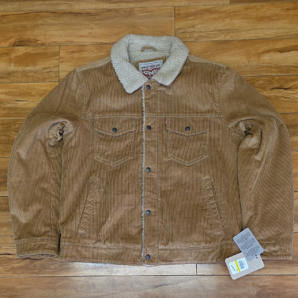 Levi's Sherpa Lined Corduroy Utility Trucker Jacket Tan Size Medium Mens NEW